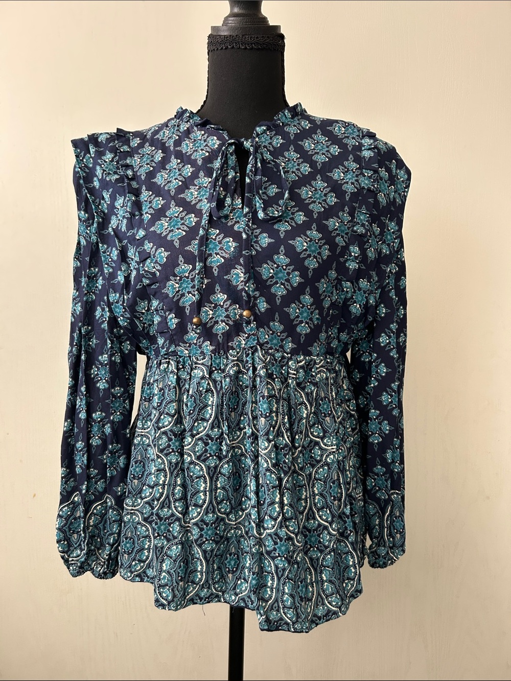 Blue Rain Babydoll Blouse Floral Tie-Neck with Long Bell Sleeves Boho Peasant